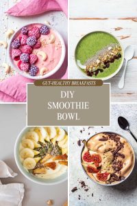 images of four smoothie bowl topped with fruits and nuts